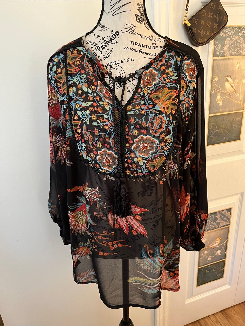 Sheer Black Floral Embroidered Tie-Front Tunic